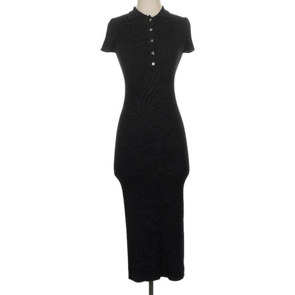 House of Harlow 1960 Sz XS NWT Ribbed Knit Polo Dress Midi Short Sleeve Black - Picture 1 of 16